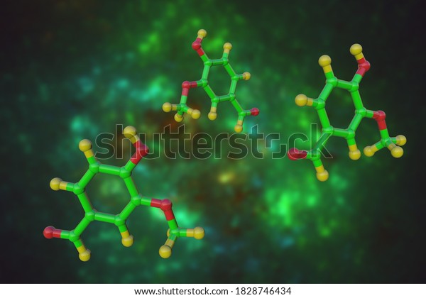 Molecular model of vanillin,\
a phenolic aldehyde that used as a flavoring agent in foods,\
beverages and pharmaceutical. Scientific background. 3d\
illustration