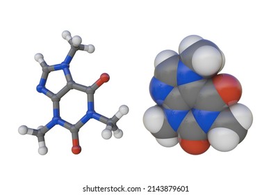 Molecular Models Of Caffeine. Atoms Are Shown As Spheres With Conventional Color Coding: Carbon (grey), Nitrogen (blue), Oxygen (red), Hydrogen (white). Scientific Background. 3d Illustration