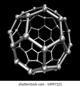 Molecular structure of the Buckminsterfullerene molecule, rendered on a black background