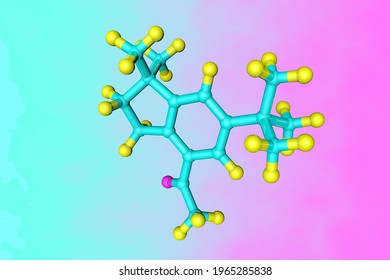 Molecular Structure Of Celestolide Or Acetyl Tert-butil Dimethylindan, A Synthetic Polycyclic Musk Fragrance Used For Perfuming Soap And Cosmetics. Scientific Background. 3d Illustration