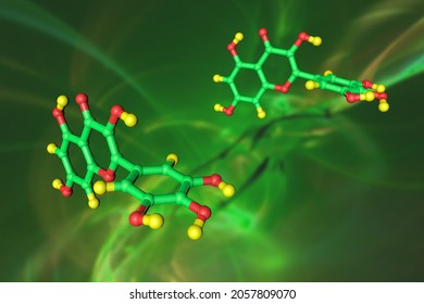 Molecular structure of myricetin, a naturally occurring flavonoid in tea, berries, fruits, vegetables that is well recognized for its nutraceutical value. Scientific background. 3d illustration
