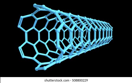 Molecular structure of nanotube (turquise) -  carbon atoms in form of hollow tube, 3D rendering
