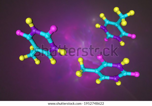 Molecular structure of\
thymine one of the four main bases found in DNA and RNA, along with\
adenine, cytosine and guanine. Scientific background. 3d\
illustration