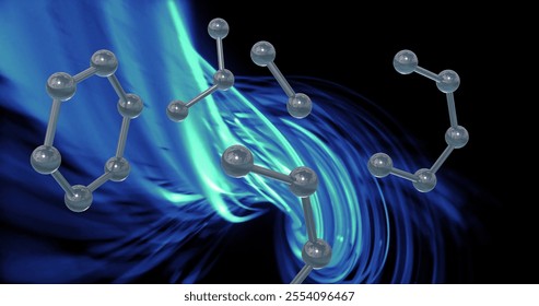 Molecular structures and blue light waves, scientific image. Science, technology, research, innovation, chemistry, biology