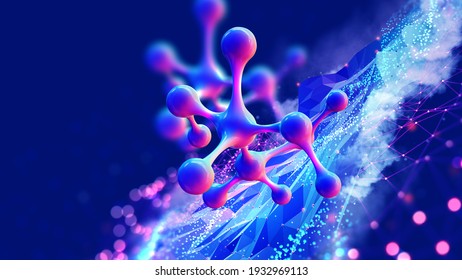 Molekül 3D-Illustration. Computersimulation und Laborversuche. Entzifferndes Genom. Virtuelle Modellierung chemischer Prozesse. Hochtechnologie in der Medizin