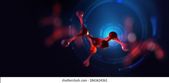 Molecule 3D illustration. Laboratory experiments and research. Nanostructures in high-tech areas of cell technology. Medical developments. Crystal lattice under a microscope. Cell therapy