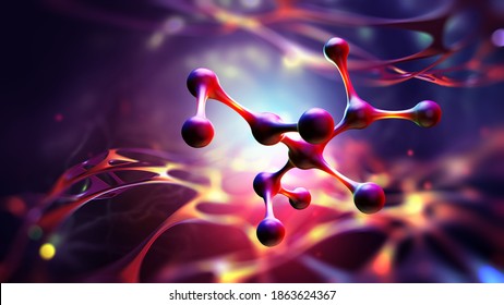 Molecule 3D illustration. Laboratory experiments and research. Nanostructures in high-tech areas of cell technology. Medical developments. Crystal lattice under a microscope. Cell therapy