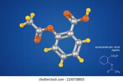 Molecule Of Aspirin, Acetylsalicylic Acid. Molecular Structure Of Acetylsalicylic Acid (aspirin), Medication Used To Treat Pain, Fever, And Inflammation, 3D Rendering