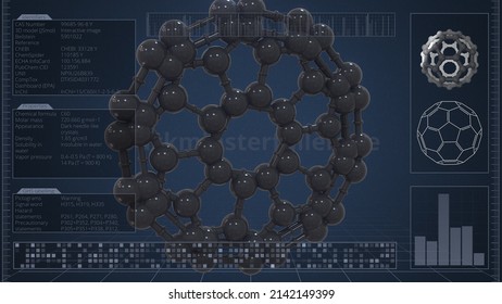 Molecule of buckminsterfullerene with infographics on the computer monitor,  3D rendering