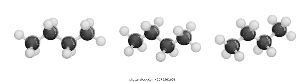 Molecule of Butane. Set of views. Molecular formula: C4H10. Chemical model: Ball and stick. Isolated. White background. 3D illustration