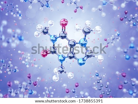 Molecule Of Caffeine. The 3D model of a caffeine represented in form of a schematic molecular structure freely levitating among of other organic substances. 3D rendering graphics.