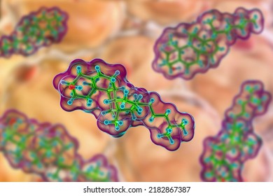 Molecule Of Cholesterol, 3D Illustration. Cholesterol Is A Type Of Lipid, Essential Component Of The Cell Membranes In Mammals, Its Blood Level Is Used As Health Indicator