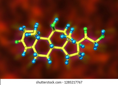 Molecule Of Cortisol Hormone, 3D Illustration. Cortisol Is A Steroid Hormone Of Glucocoticoid Class Made In The Cortex Of Adrenal Glands. Used As Medication It Is Called Hydrocortisone