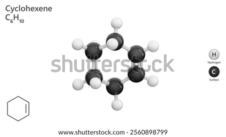 Molecule: Cyclohexene. Cyclic alkene. Molecular structure. Formula: C6H10. Chemical model: Ball and stick. White background. 3D illustration.