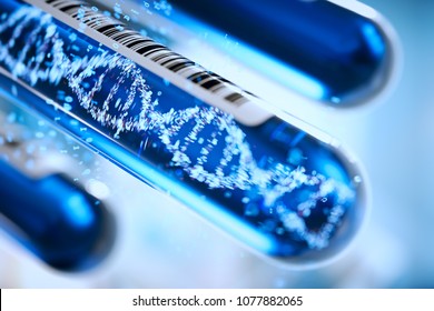 Molecule of DNA forming inside the test tube equipment.3d rendering,conceptual image.