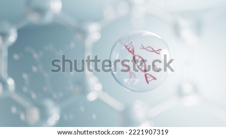 Molecule and DNA inside bubble, concept skin care cosmetics solution. 3d rendering.