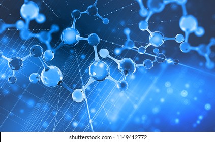 Molecule. Hi Tech Technology In The Field Of Genetic Engineering. Scientific Breakthrough In Molecular Synthesis. 3D Illustration On A Futuristic Background