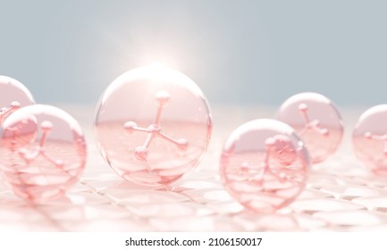 molecule inside bubble on pink background, concept skin care cosmetics solution. 3d rendering.