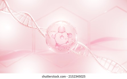 Molecule Inside Bubble On Pink Background, Cosmetic Essence Oil Liquid, Concept Skin Care Cosmetics Solution. 3d Rendering.