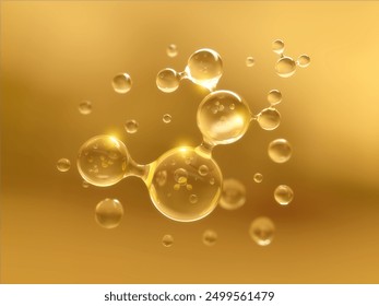 Molecule inside liquid bubble on golden background, Cosmetic essence oil, 3D rendering.