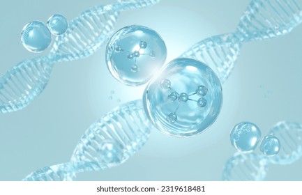 Molecule inside Liquid Bubble. skin care cosmetics solution, 3d illustration	