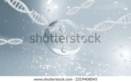Molecule inside Transparent liquid bubble on soft background, concept skin care cosmetics solution. 3d rendering.