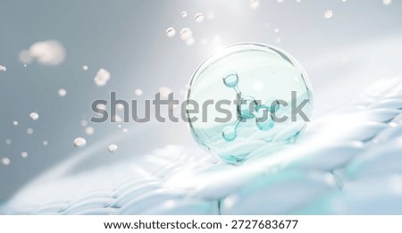 Molecule inside Transparent liquid bubble on soft background, concept skin care cosmetics solution. 3d rendering.