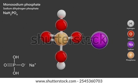 Molecule: Monosodium Phosphate. Molecular structure. Formula: NaH2PO4. Chemical model: Ball and stick. Gray background. 3D illustration.