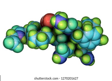 Molecule Of Oxytocin, A Hormone Released From The Neurohypophysis, 3D Illustration. It Causes Uterine Contraction And Milk Ejection, Used In Gynecology And Lactation Treatment