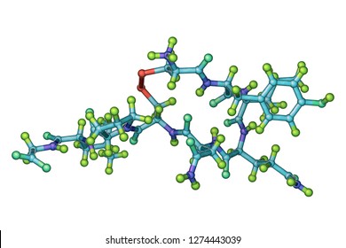 Molecule Of Oxytocin, A Hormone Released From The Neurohypophysis, 3D Illustration. It Causes Uterine Contraction And Milk Ejection, Used In Gynecology And Lactation Treatment