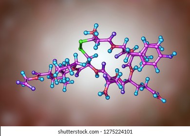 Molecule Of Oxytocin, A Hormone Released From The Neurohypophysis, 3D Illustration. It Causes Uterine Contraction And Milk Ejection, Used In Gynecology And Lactation Treatment