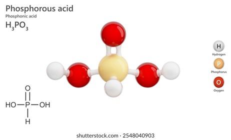 Molecule: Phosphorous Acid. Molecular structure. Formula: H3PO3. Chemical model: Ball and stick. White background. 3D illustration.