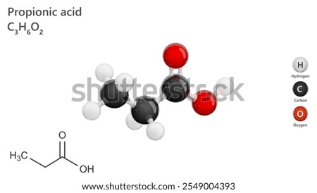 Molecule: Propionic Acid. E280 food additive. Molecular structure. Formula: C3H6O2. Chemical model: Ball and stick. White background. 3D illustration.