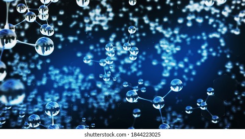 Molecule of water, atom in a liquid, science, biology or medical blue background, 3D illustration
