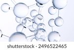 molecules or atoms, molecular structure, biochemical. chemical formula, fluid flow. Water Liquid Bubbles, atoms floating, skin care Cosmetics, Vitamin, pharmaceutical beauty medical concept, 3d render