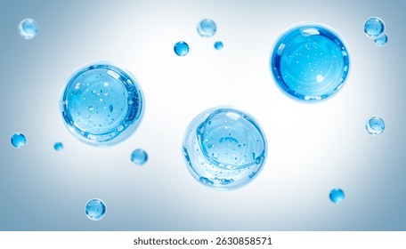 Molecules inside bubbles on blue background. Collagen serum bubble. Cosmetic essence. Hyaluronic acid. Skincare product. Concept skin care cosmetics solution. Vector 3d illustration
