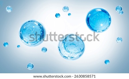 Molecules inside bubbles on blue background. Collagen serum bubble. Cosmetic essence. Hyaluronic acid. Skincare product. Concept skin care cosmetics solution. Vector 3d illustration