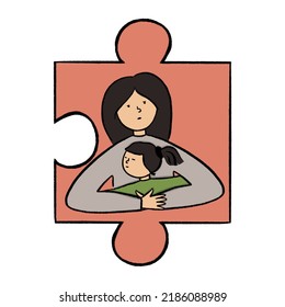 Mom with autistic daughter illustration with autism puzzle symbol. - Powered by Shutterstock