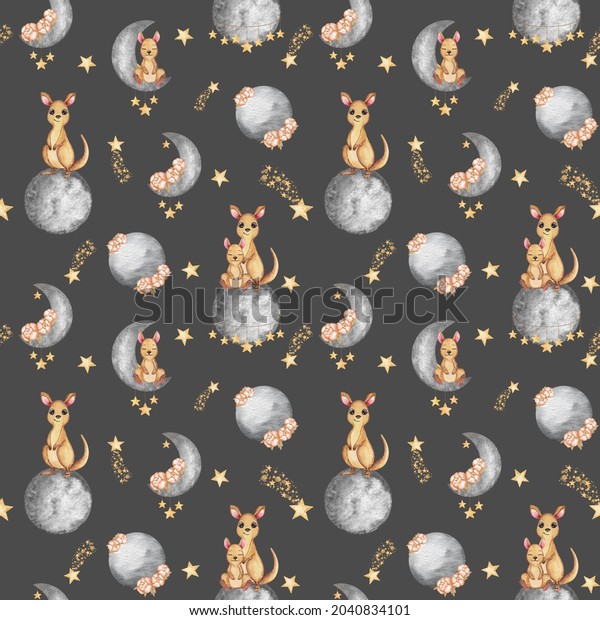 Mom and baby\
kangaroo seamless pattern, moon pattern, baby background, nursery,\
kids pattern, moon with\
flowers