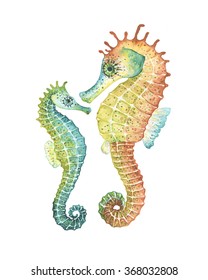 Mom and baby Seahorses, watercolor illustration.