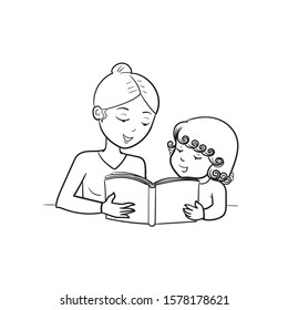 Mom And Child Are Reading A Book. Black And White Linear Illustration Isolated On White Background.