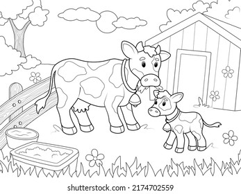 Mom Cow And Baby Calf In The Agricultural Yard. Children Coloring Book.