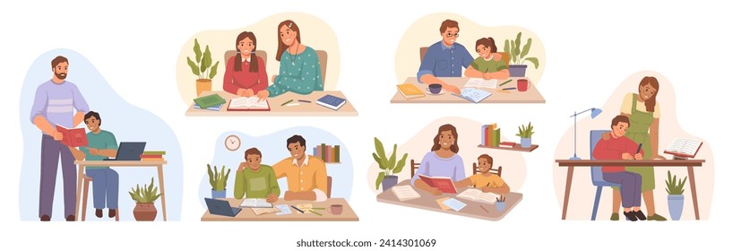 Mom and dad helping children with homework tasks and assignments from school. Parenting and helping kids to study well. Flat cartoon, illustration - Powered by Shutterstock