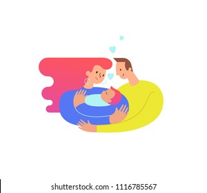 Mom and dad hugging and cuddling their baby boy or girl and nursing him. Parents embracing newborn son and expressing love and care. Modern illustration could be used as logo symbol for banner  - Powered by Shutterstock