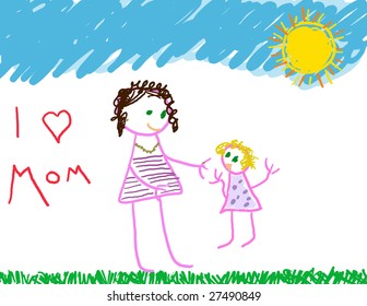 Mom & daughter drawing with I love mom message