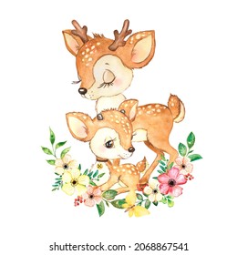 Mom Deer Watercolor Drawing With Baby Deer Baby Print Forest Animals Baby Animal Forest Deer Print For Baby Card 