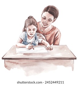 Mom and her daughter are doing homework, reading a book. Watercolor illustration on a white background - Powered by Shutterstock