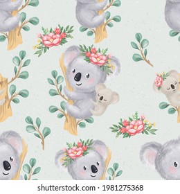 Mom Koala With Baby On Gumtree. Seamless Pattern With Hand Drawn Digital Illustrations With Australian Animals