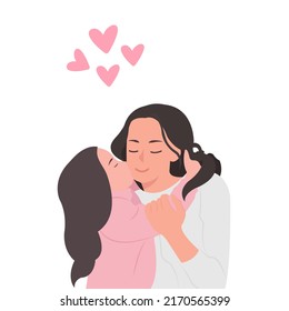 Mom Loves. Sweet pink warm card for Mother's Day. Mom holding her daughter. March 8. World Kiss Day. Mother's love. - Powered by Shutterstock