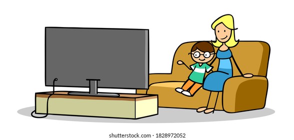 Mom And Son Are Watching Video Night In Front Of A Big Screen TV At Home